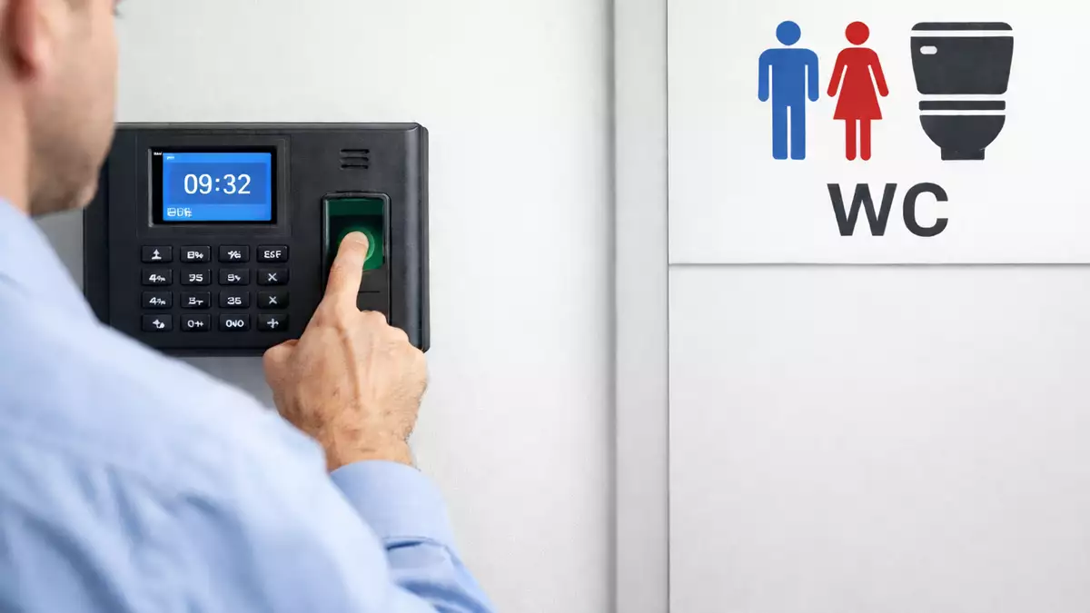 Trabajador fichando en el trabajo junto a la puerta del baño durante la jornada laboral