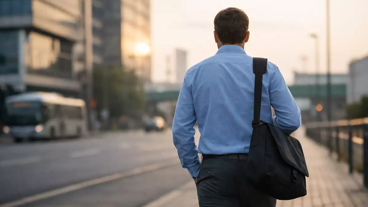 Trabajador desplazándose a su lugar de trabajo a primera hora de la mañana