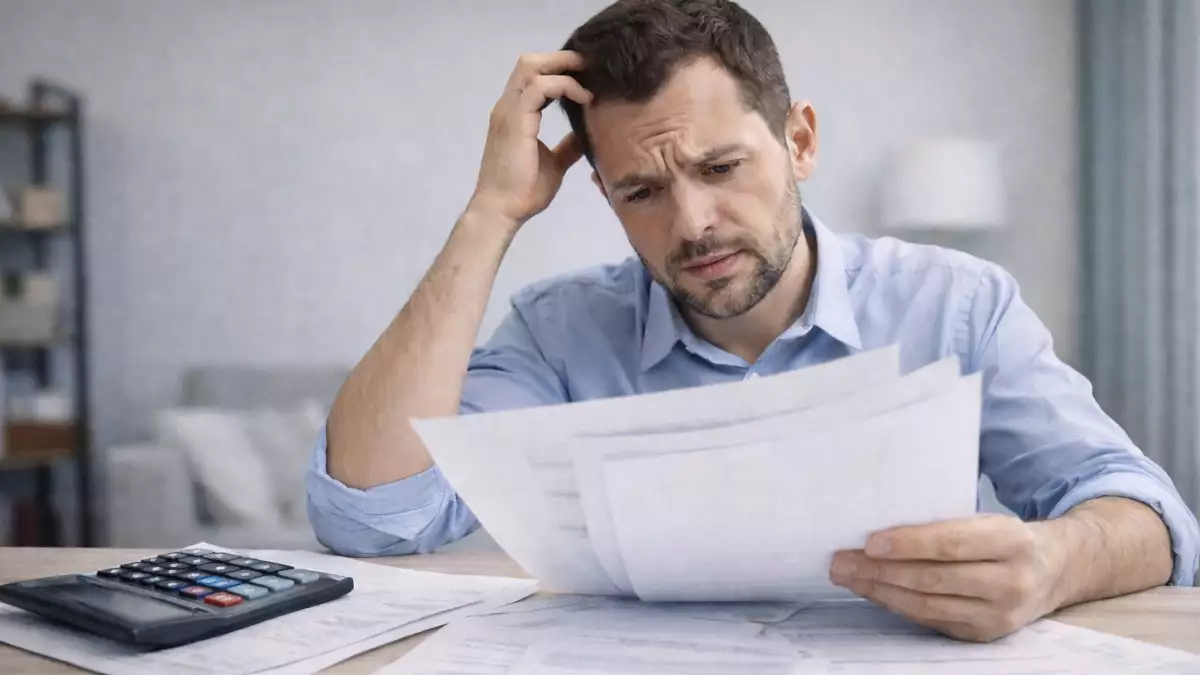 Trabajador revisando su nómina con expresión de duda mientras usa una calculadora