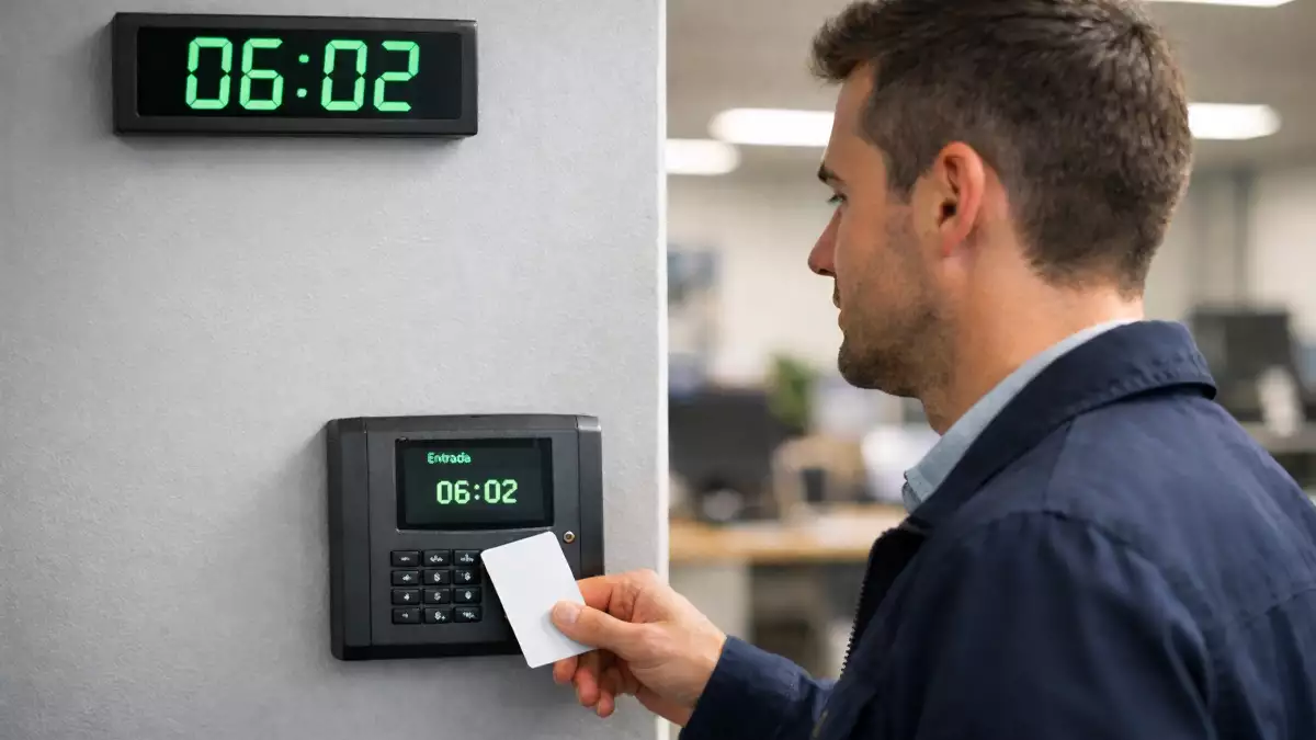 Trabajador fichando su entrada antes del horario establecido en un sistema de control horario