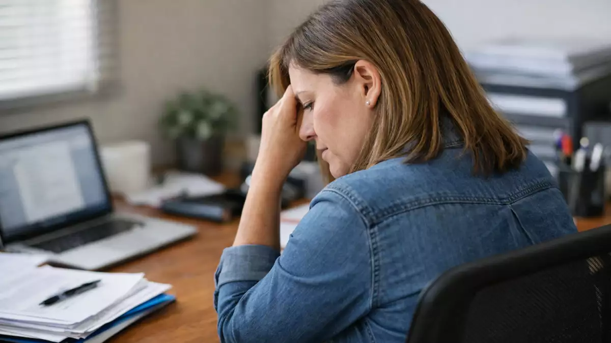 Trabajadora en una oficina preocupada por su situación laboral