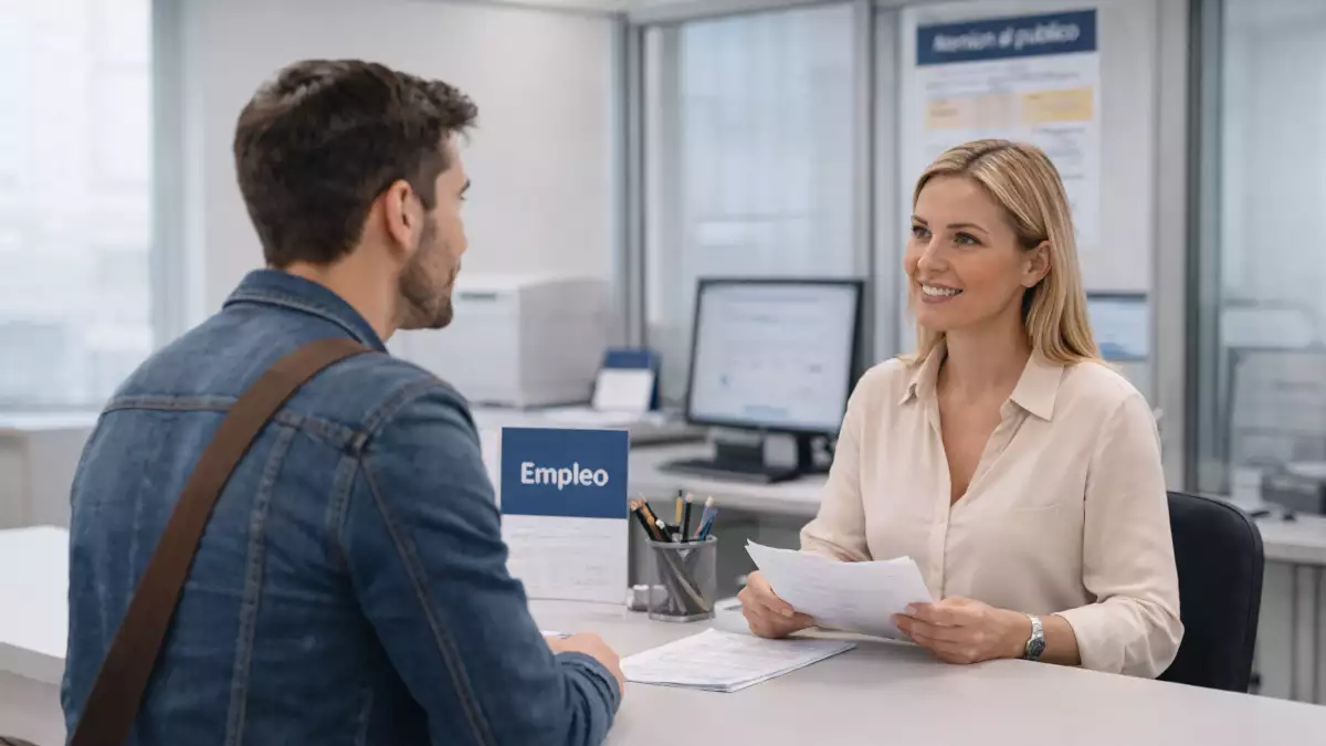 Persona realizando un trámite para solicitar el paro en una oficina de empleo