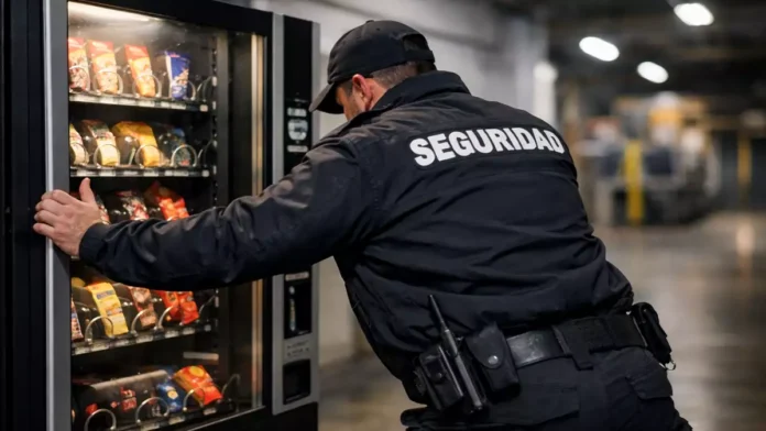 Vigilante de seguridad junto a una máquina expendedora en un entorno laboral durante el turno de noche