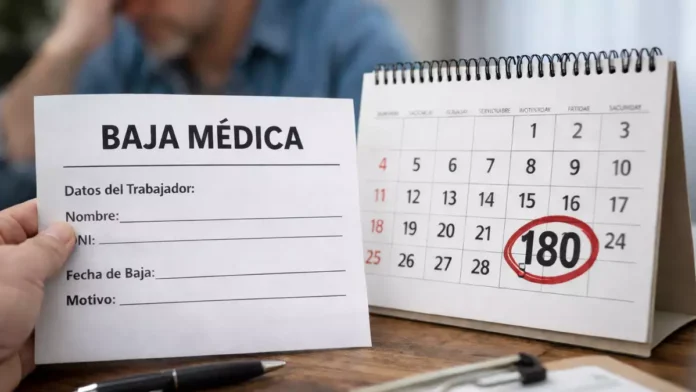 Documento de baja médica junto a calendario marcando 180 días en caso de recaída de incapacidad temporal