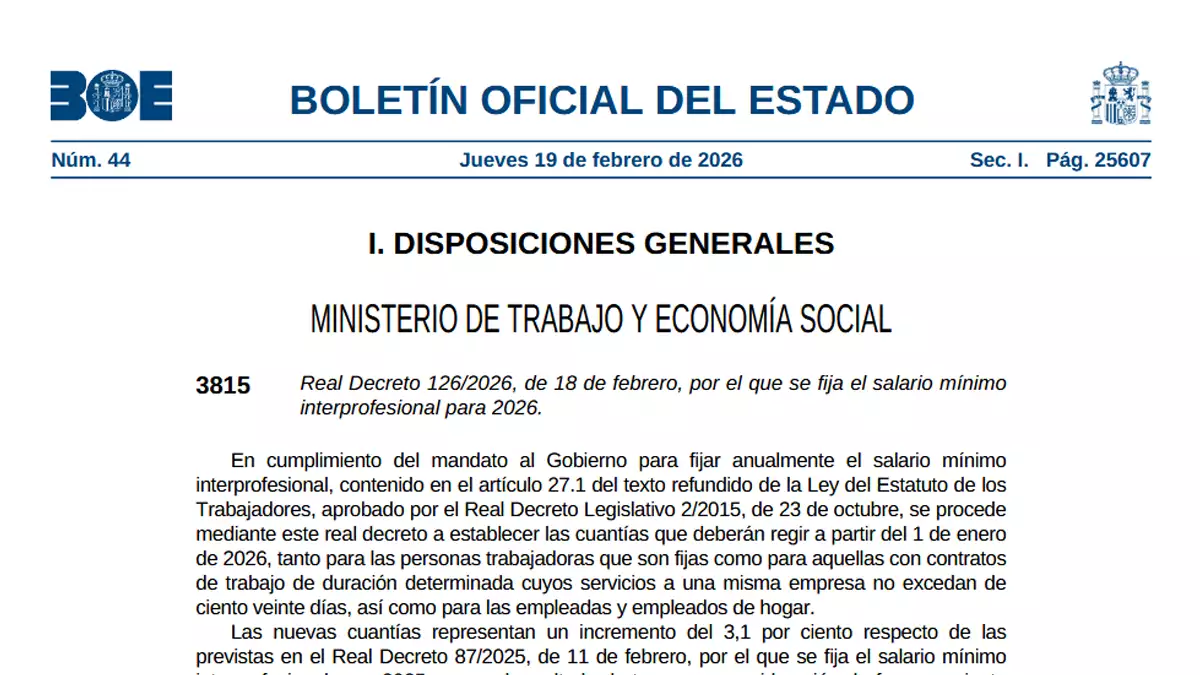 Real Decreto 126/2026, de 18 de febrero, por el que se fija el salario mínimo interprofesional para 2026