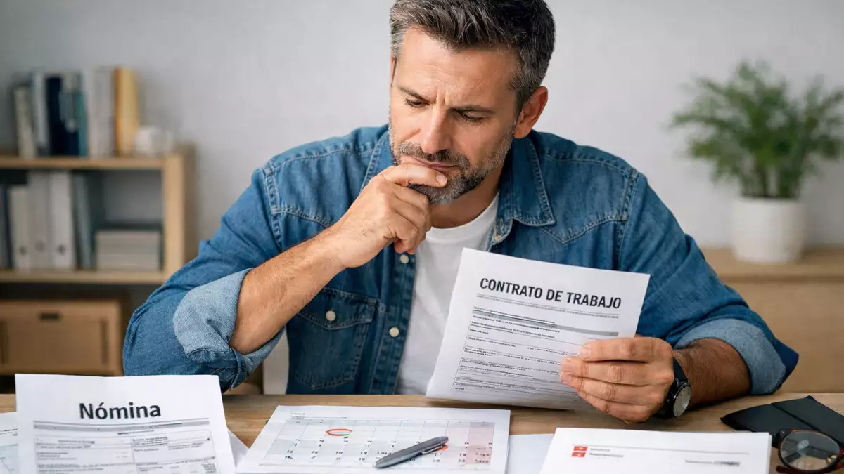 Trabajador revisando contrato y nómina para comprobar su antigüedad en la empresa