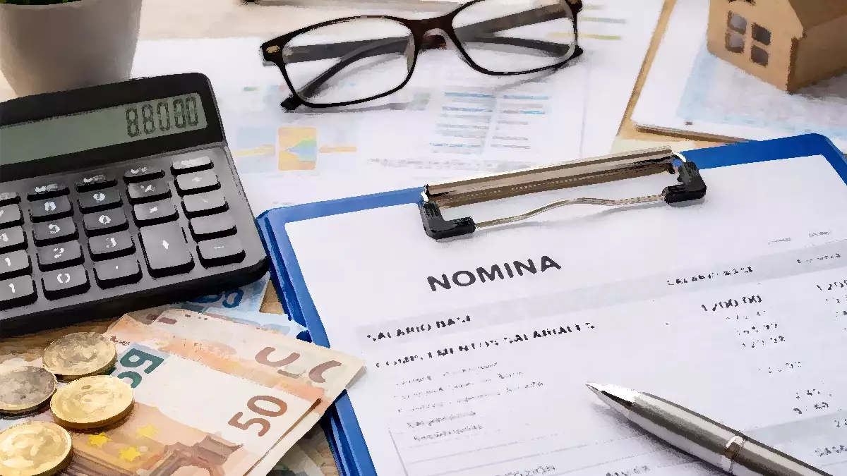 Nomina con salario base y complementos salariales junto a calculadora y billetes en una mesa de oficina