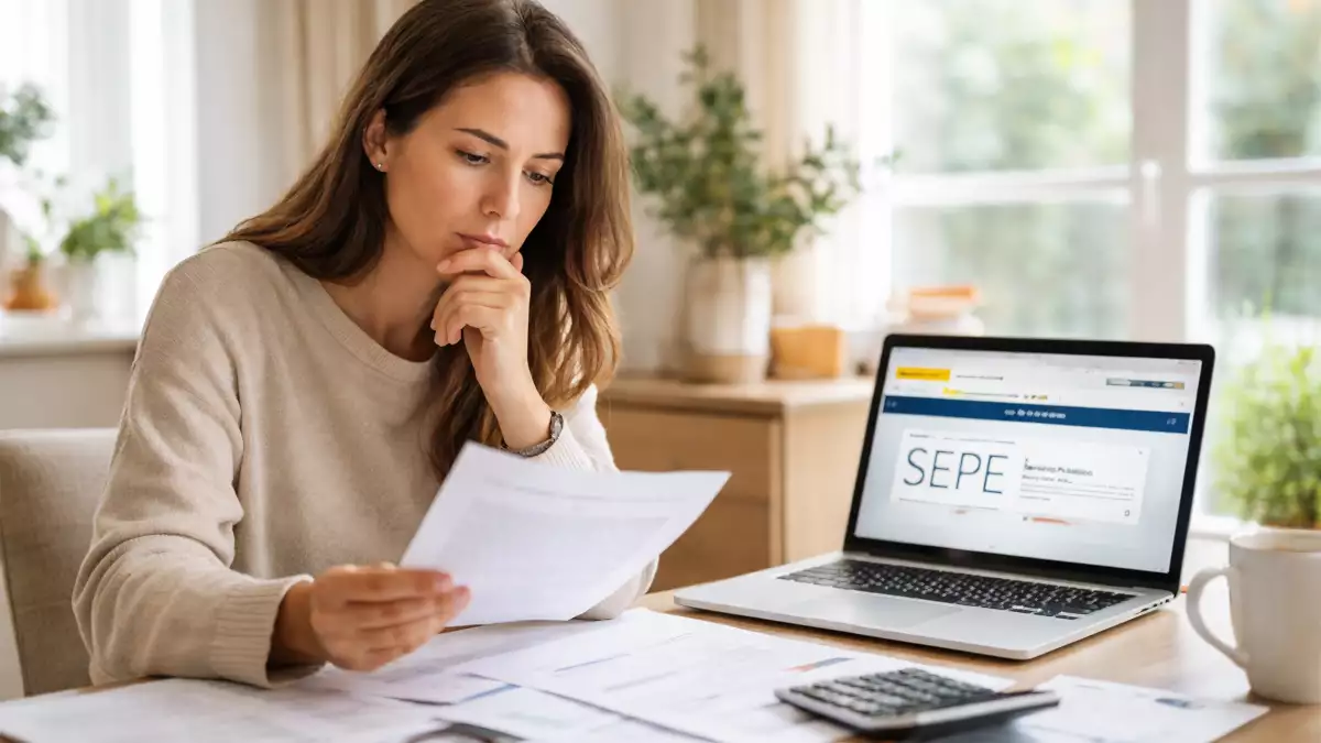 Persona revisando documentos y consultando la prestación por desempleo del SEPE para decidir entre pedir un subsidio o esperar el paro