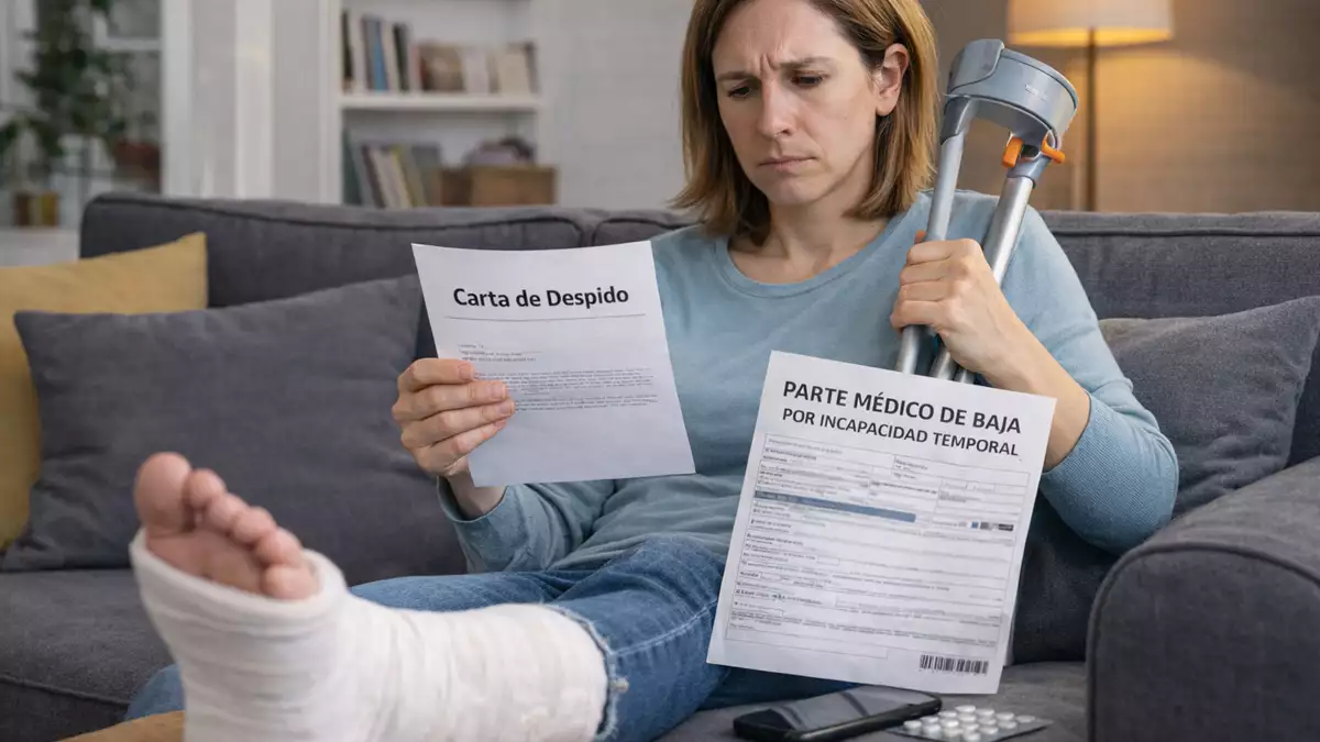 Trabajadora leyendo carta de despido mientras está de baja médica por incapacidad temporal en su domicilio