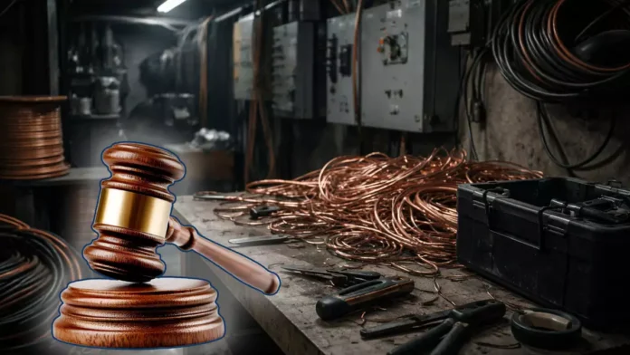 Mazo judicial sobre una mesa de trabajo con cables eléctricos en un entorno industrial