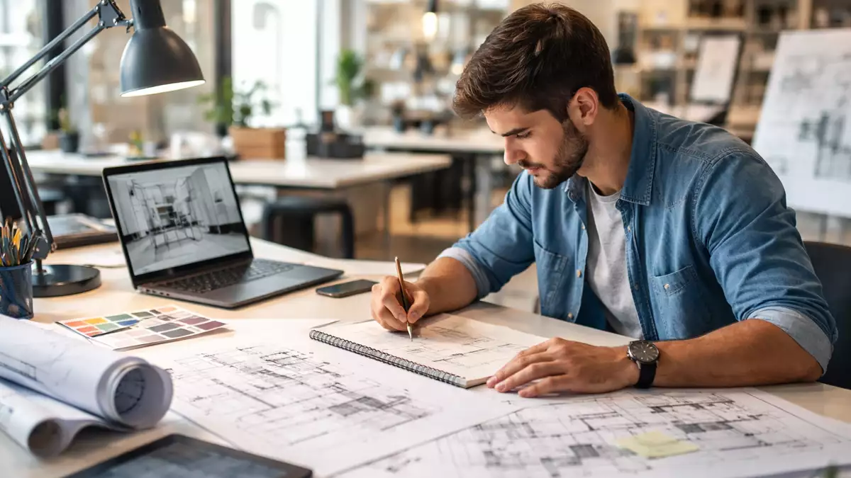Diseñador de espacios interiores trabajando en planos y bocetos en estudio profesional
