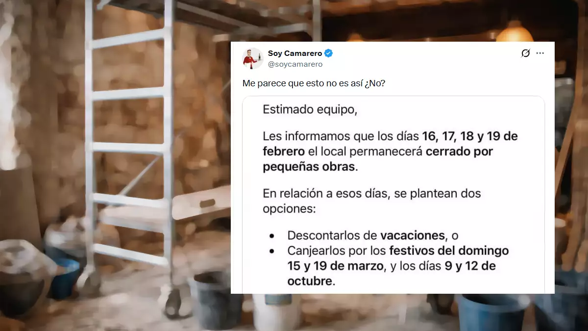 Interior de un bar en obras con una captura del mensaje compartido por @soycamarero sobre el uso de vacaciones durante un cierre temporal