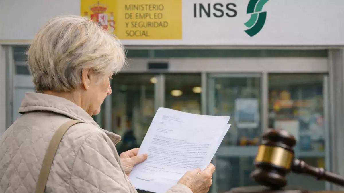 Mujer jubilada leyendo una resolución frente a una oficina del INSS tras una sentencia sobre infracotización