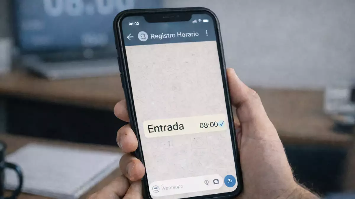 trabajador fichando la jornada laboral por WhatsApp desde su móvil personal