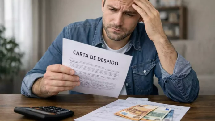 Trabajador revisando una carta de despido con indemnización y euros sobre la mesa ante la duda de si puede pagarse a plazos