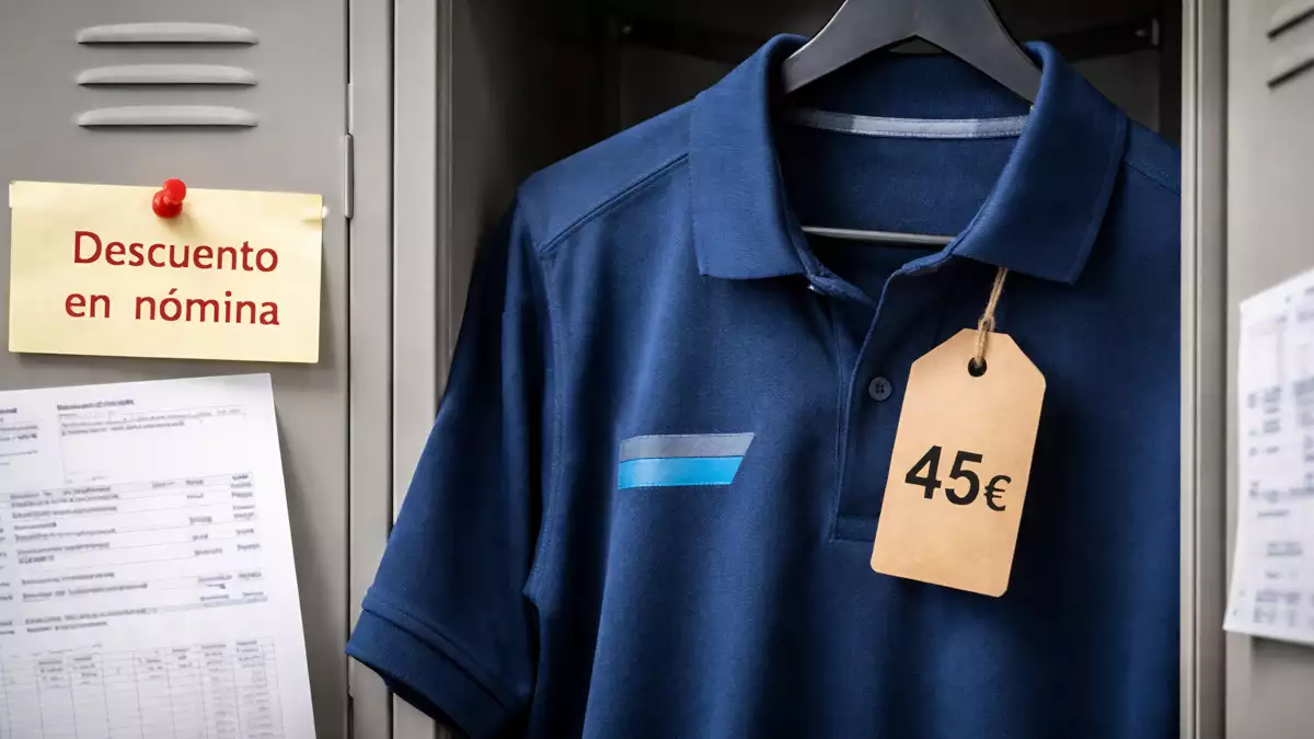 Uniforme colgado de una percha en la taquilla con el precio puesto a modo de representación de cobro de la empresa