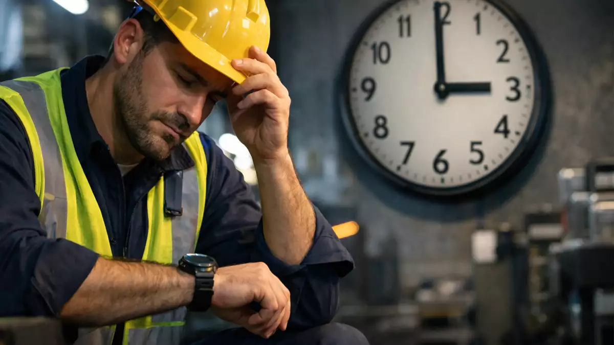 Trabajador del turno de noche mirando la hora