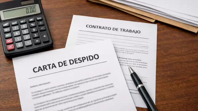 Trabajador revisando carta de despido junto a contrato laboral y calculadora para calcular la indemnización