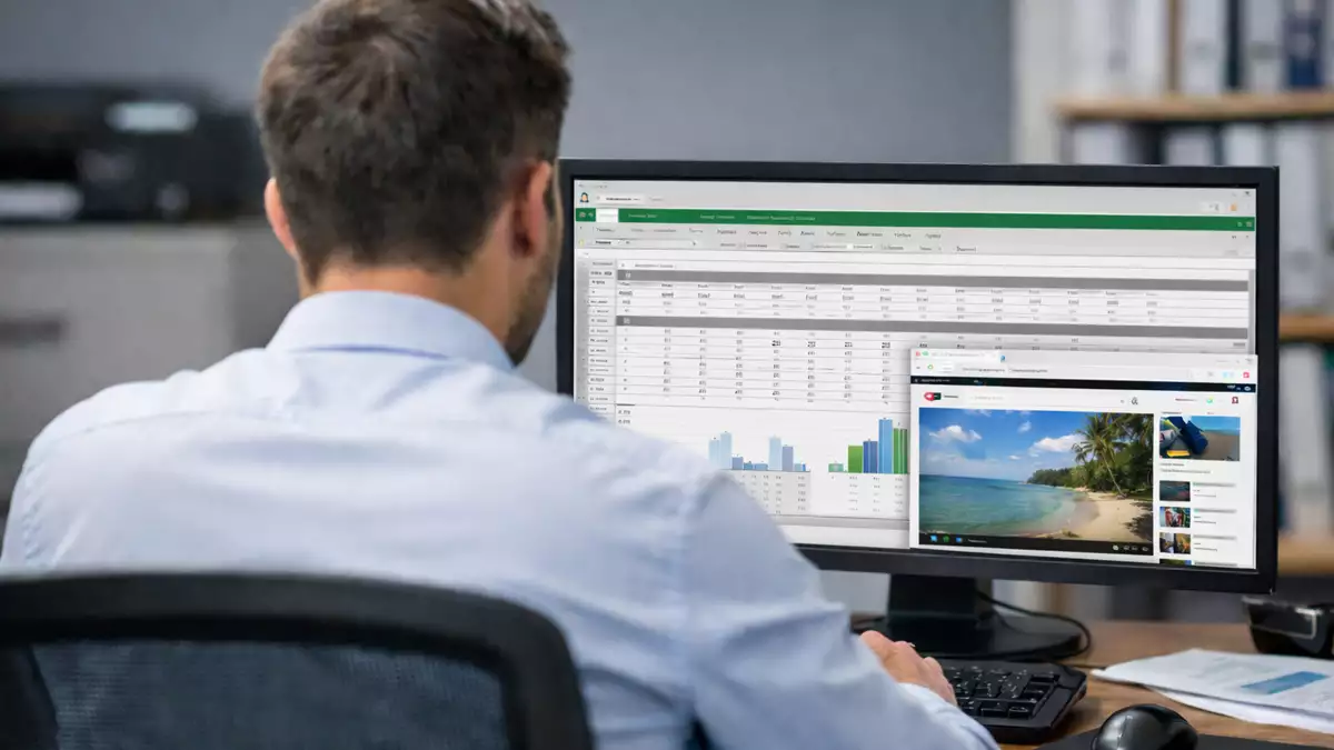 Trabajador utilizando el ordenador de la empresa con una ventana de Excel y otra de navegación web abiertas durante la jornada laboral