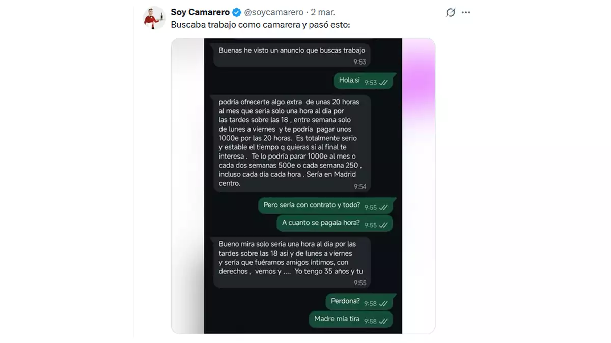 Captura de la conversación compartida por soy camarero en la que le proponen a una mujer ser amigos intimos 20 horas al mes por 1.000 euros