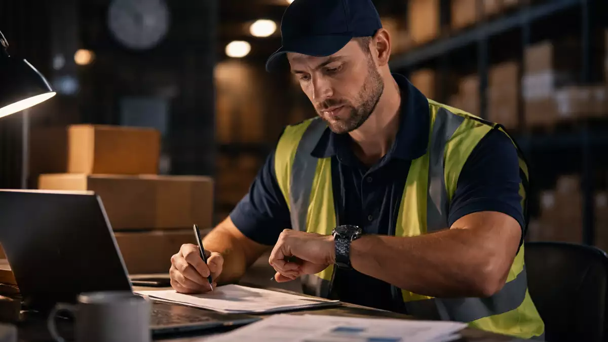 Trabajador en turno de noche revisando su jornada laboral y posibles horas extra