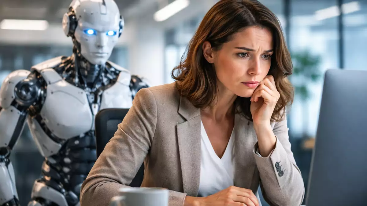 Trabajadora en oficina preocupada por el avance de la inteligencia artificial en los empleos de oficina