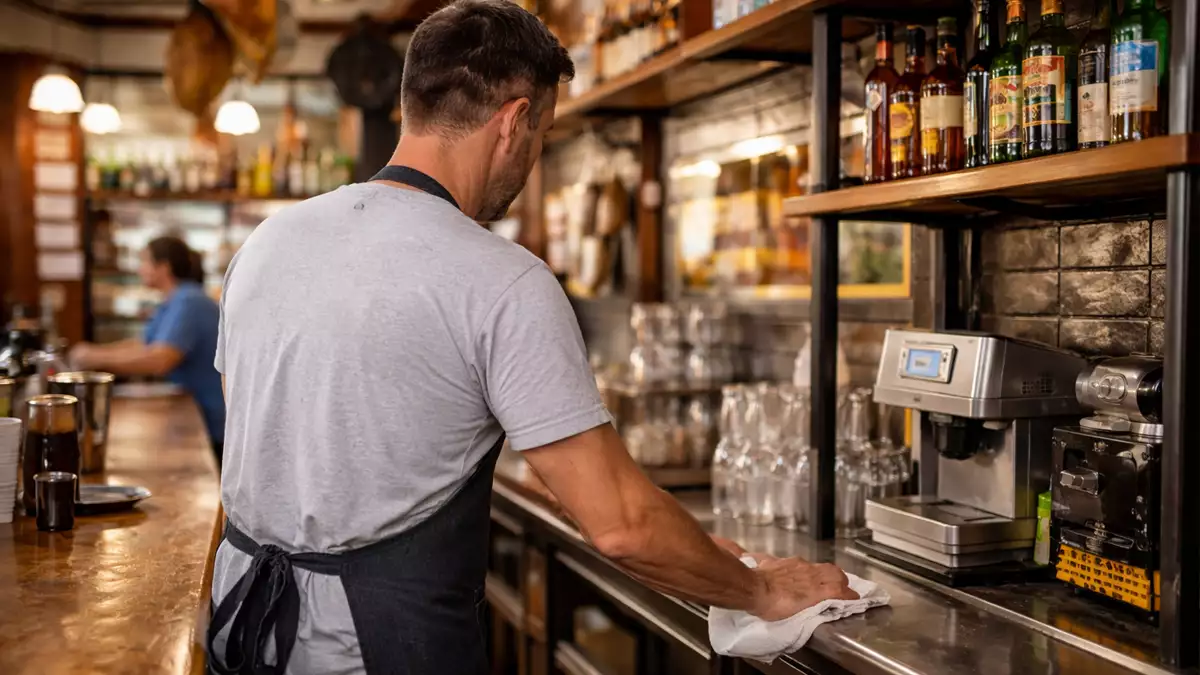 Trabajador de espaldas realizando tareas en un bar durante una baja médica, imagen ilustrativa sobre despidos por trabajar estando de baja