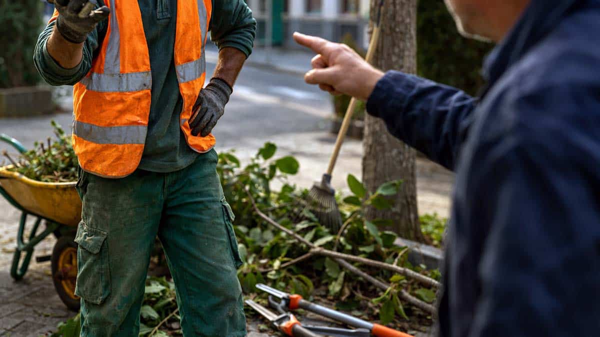 Trabajador de un plan de empleo realizando tareas de poda y limpieza discute con un responsable municipal tras recibir una llamada de atención