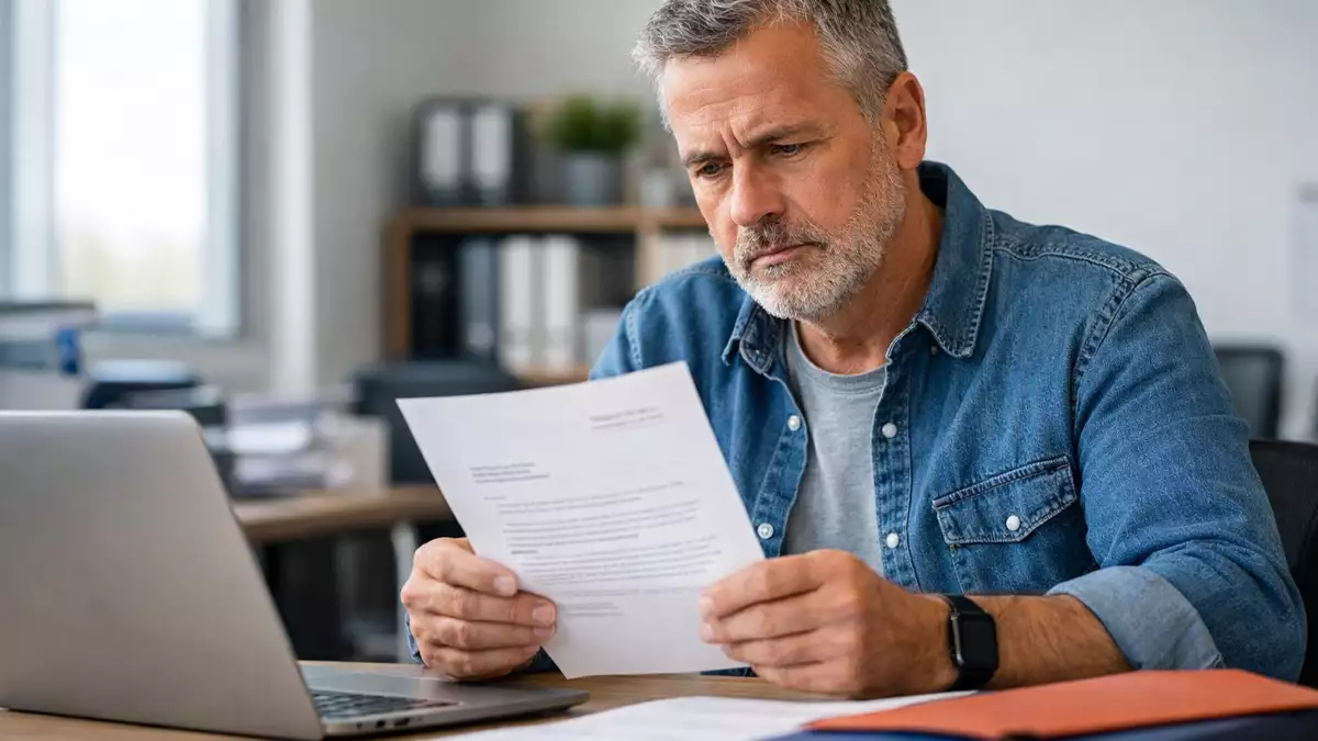 Trabajador revisando un documento tras recibir una resolución de incapacidad permanente y preparando la comunicación a su empresa