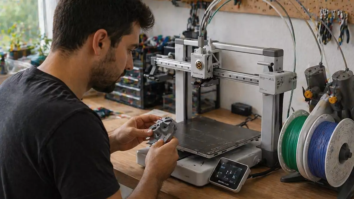 Man wearing a dark shirt inspects a small 3D-printed part at a desktop 3D printer with spools of green and blue filament nearby.