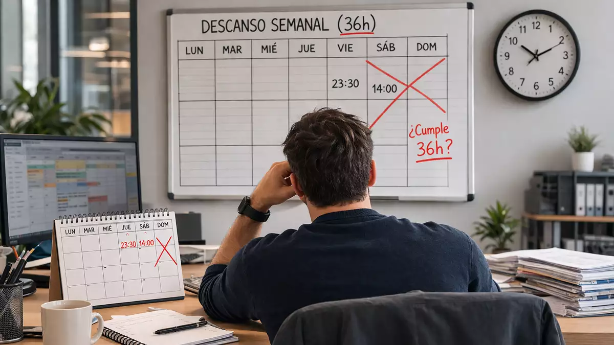 trabajador de espaldas revisando calendario laboral para calcular descanso semanal en horas segun estatuto de los trabajadores