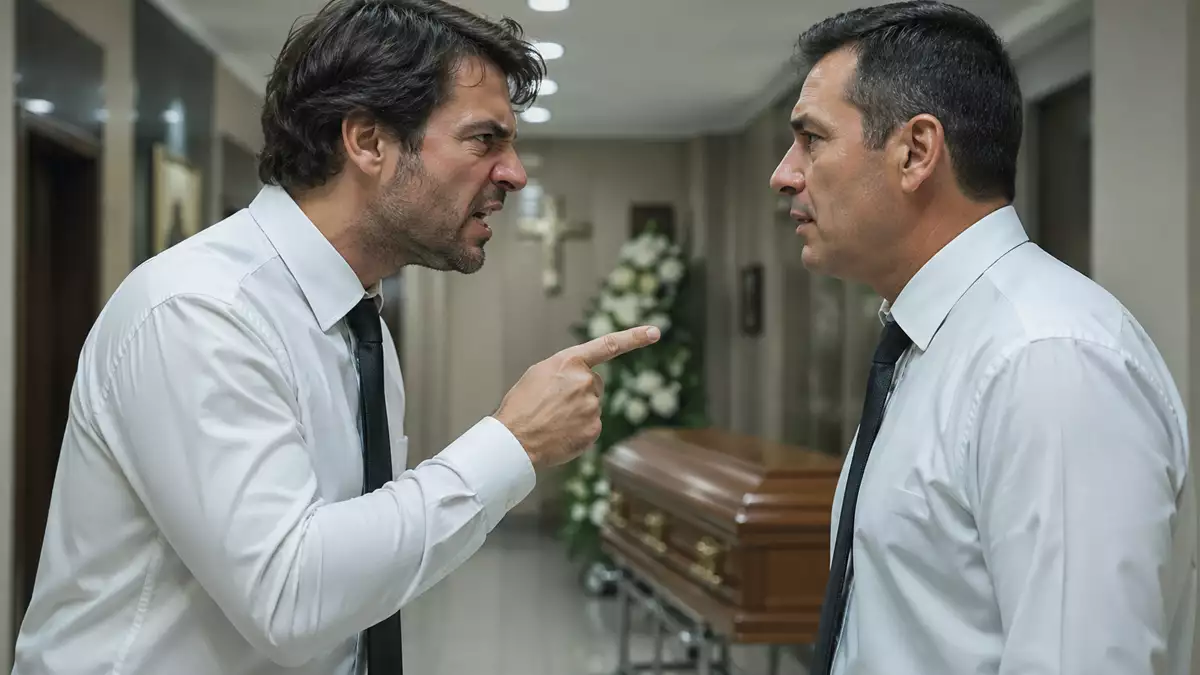 trabajadores discutiendo en una funeraria durante un conflicto laboral