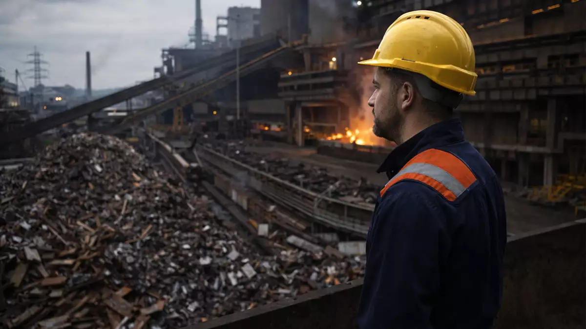 Worker in a yellow hard hat and safety uniform overlooks a scrap yard and a forge with molten metal glowing in the background.