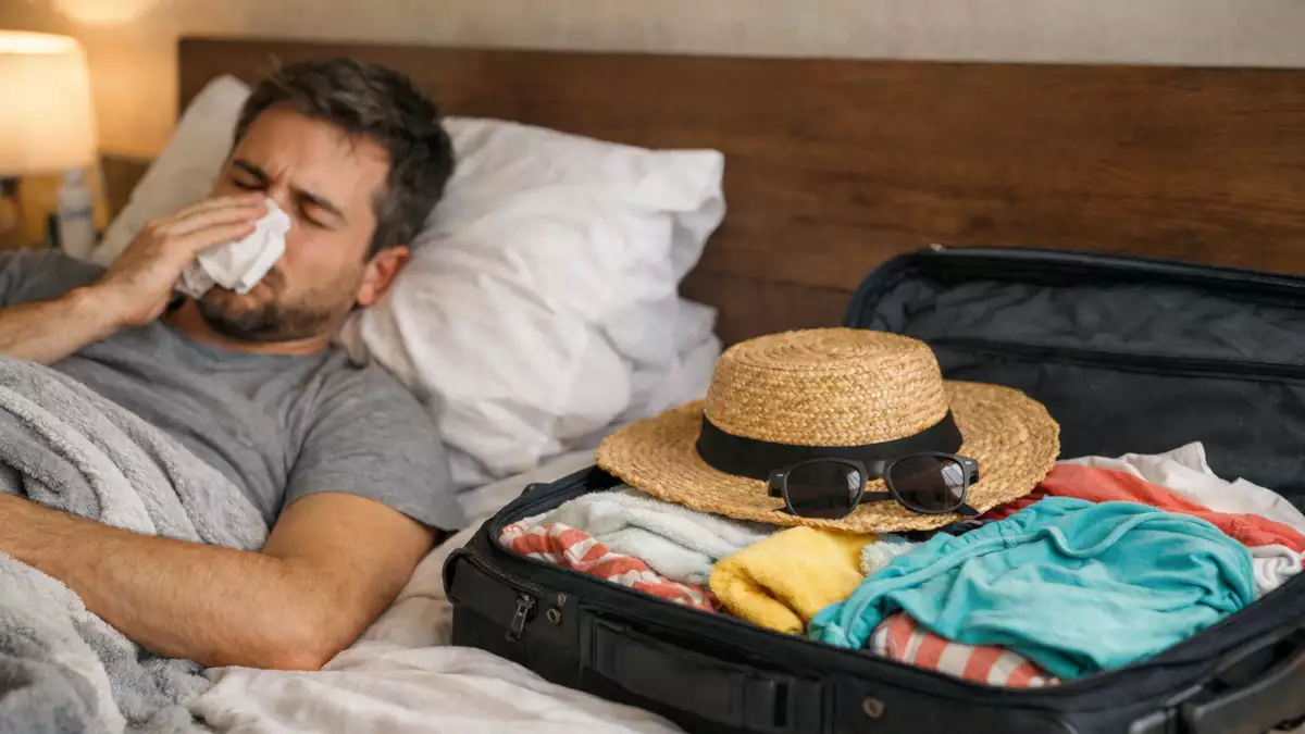 persona enferma durante sus vacaciones sin poder disfrutarlas en la cama junto a una maleta