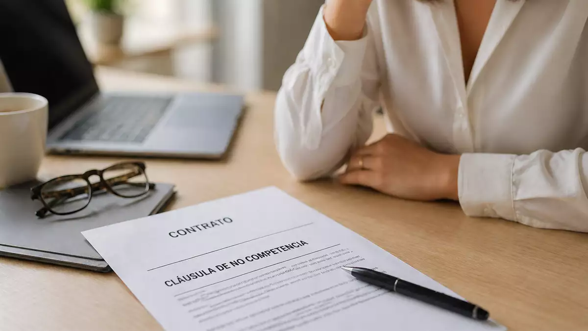 Trabajadora revisando un contrato con cláusula de pacto de no competencia en España