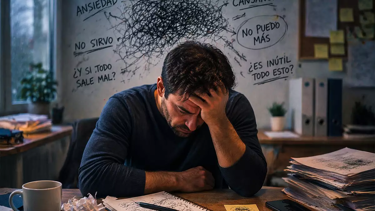 Man sits at a cluttered desk, head in his hand, surrounded by messy scribbles on the wall and papers in front of him (stress/overwhelmed)