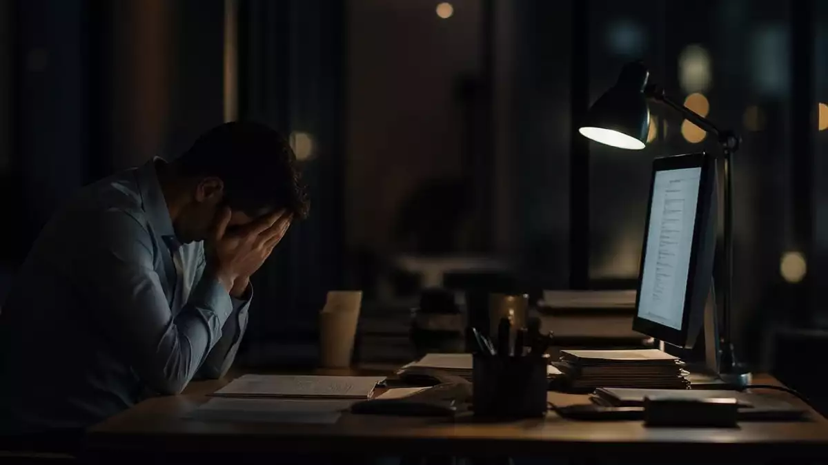 Trabajador agotado en una oficina oscura reflejando el estrés y las malas condiciones laborales