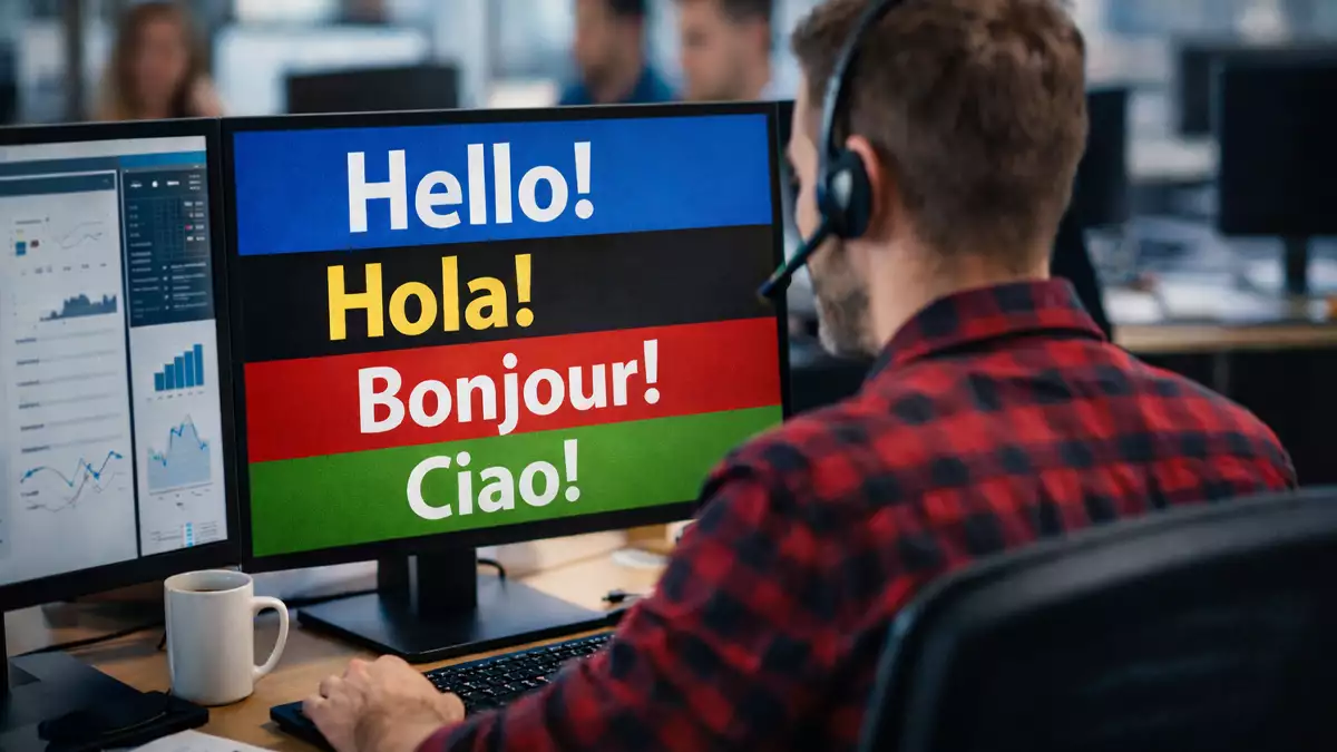 trabajador en oficina con distintos idiomas en pantalla que reflejan diferencias salariales por idioma