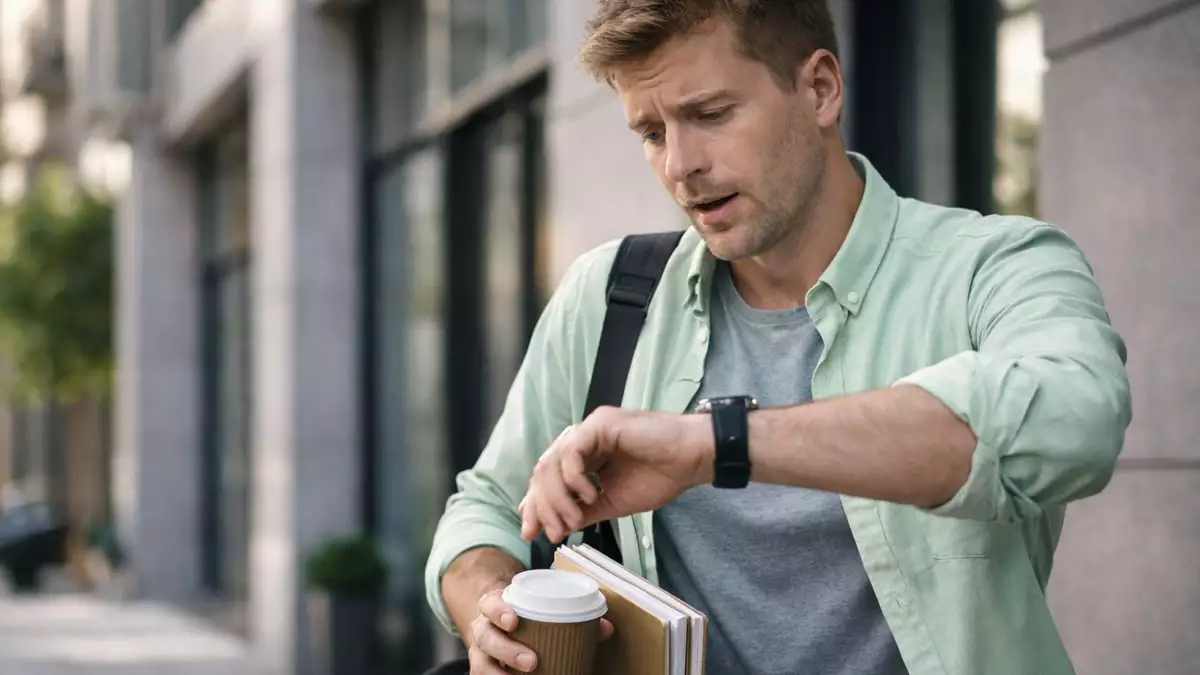 Trabajador llegando tarde al trabajo mientras mira el reloj con preocupación