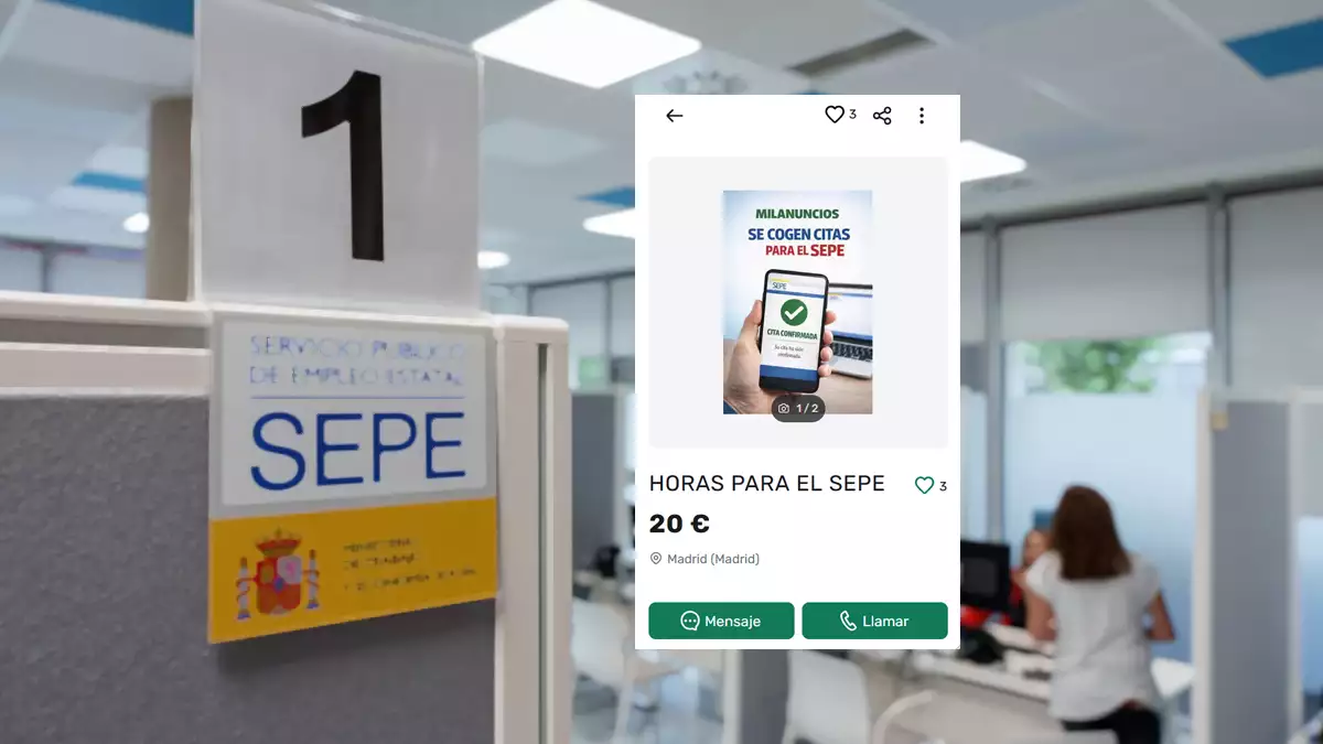 Office cubicle with a large SEPE sign on a partition; overlay advert shows 'HORAS PARA EL SEPE' for 20€ in Madrid.