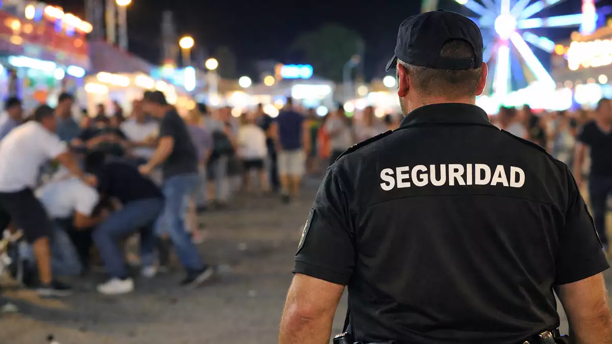 Vigilante de seguridad observa una pelea en una feria mientras varias personas se agreden al fondo
