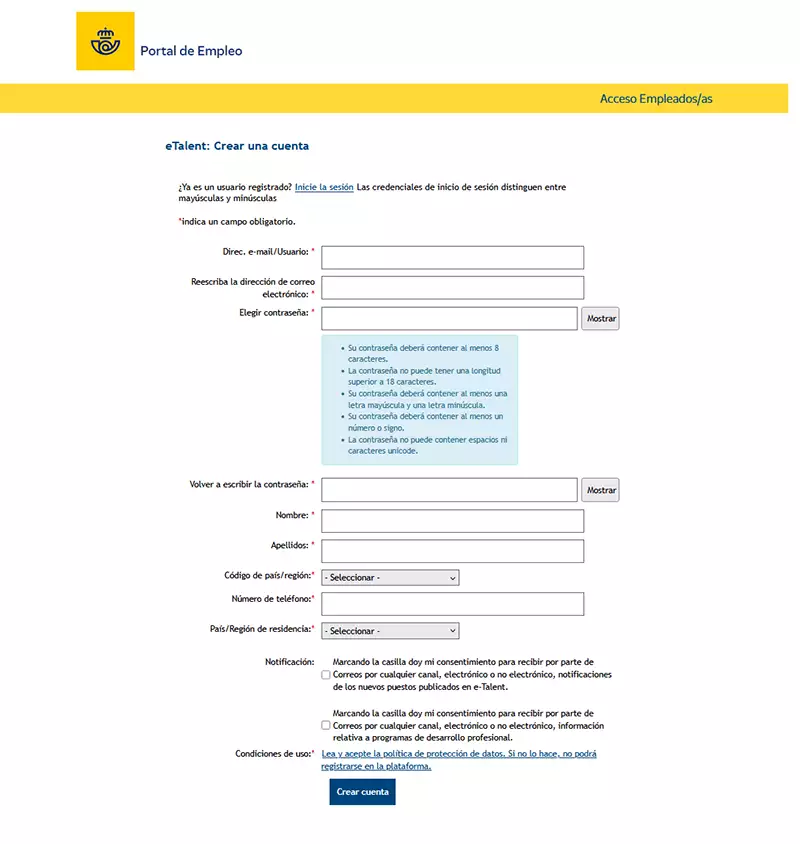 Formulario para registrarse en el portal de empleo de Correos | EmpleoJob Formulario para registrarse en el portal de empleo de Correos