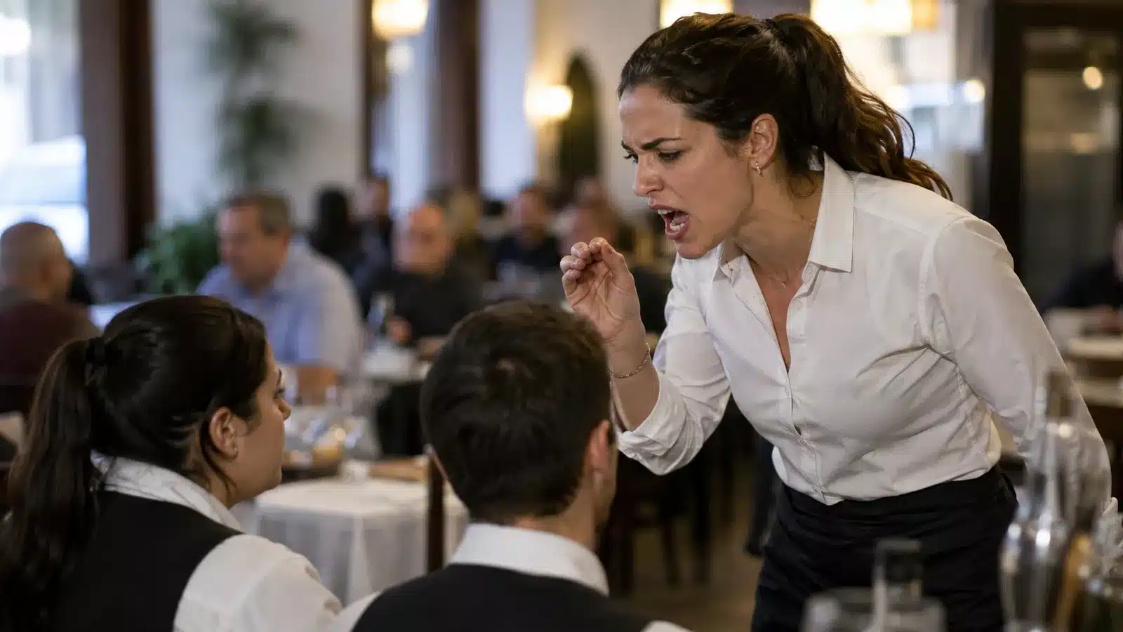 Jefa de sala discutiendo con varios camareros durante un servicio en un restaurante