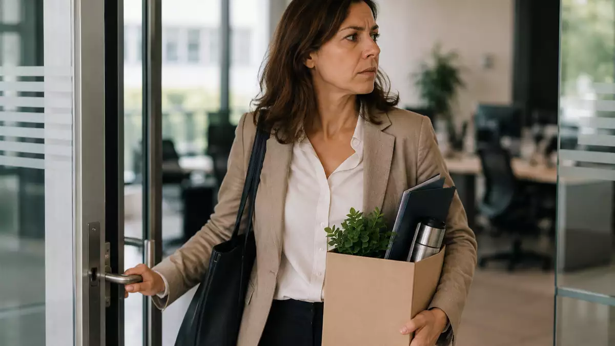 Trabajadora regresando a su oficina tras una excedencia y leyendo una carta de despido
