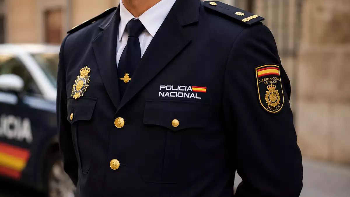 Close-up of a Policía Nacional officer in a dark navy uniform with gold buttons and badge, chest patch reading POLICIA NACIONAL and a Spanish flag.