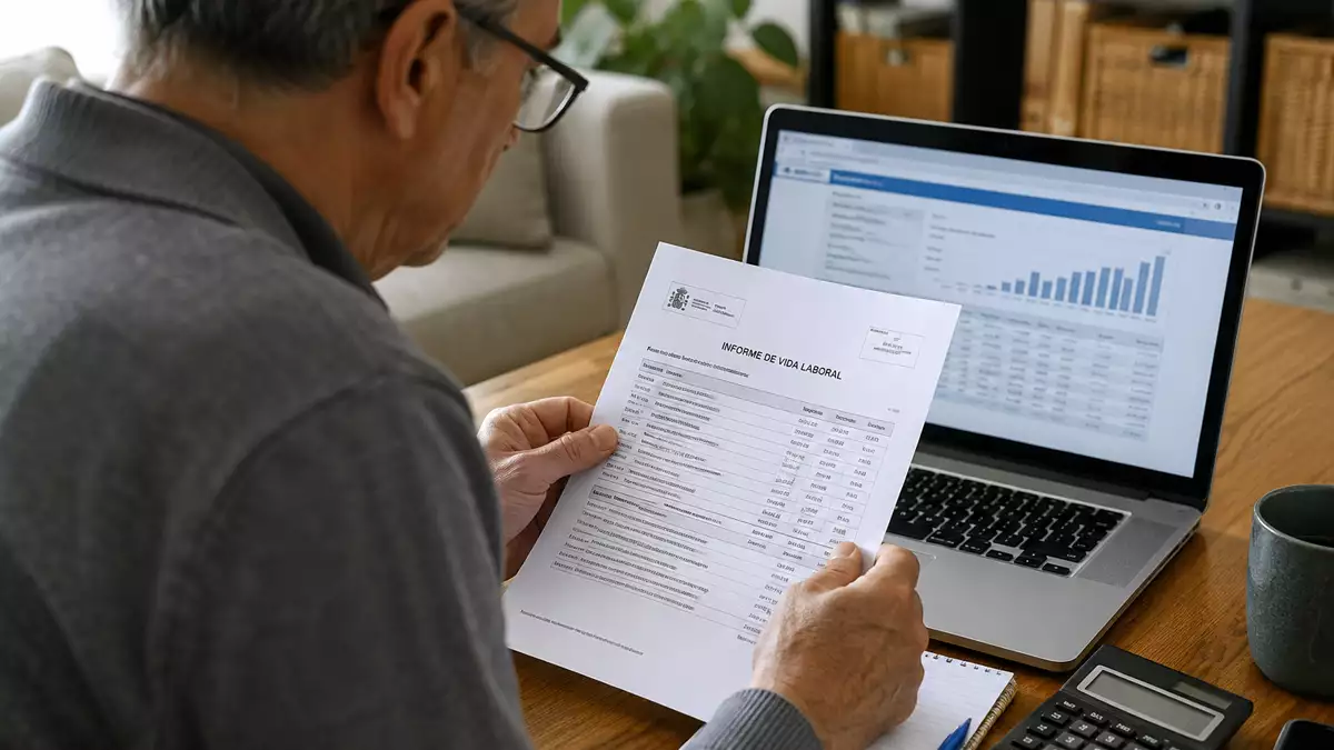 Persona revisando su vida laboral para comprobar si el tiempo cobrando el paro cuenta para cumplir los requisitos de cotización de la jubilación