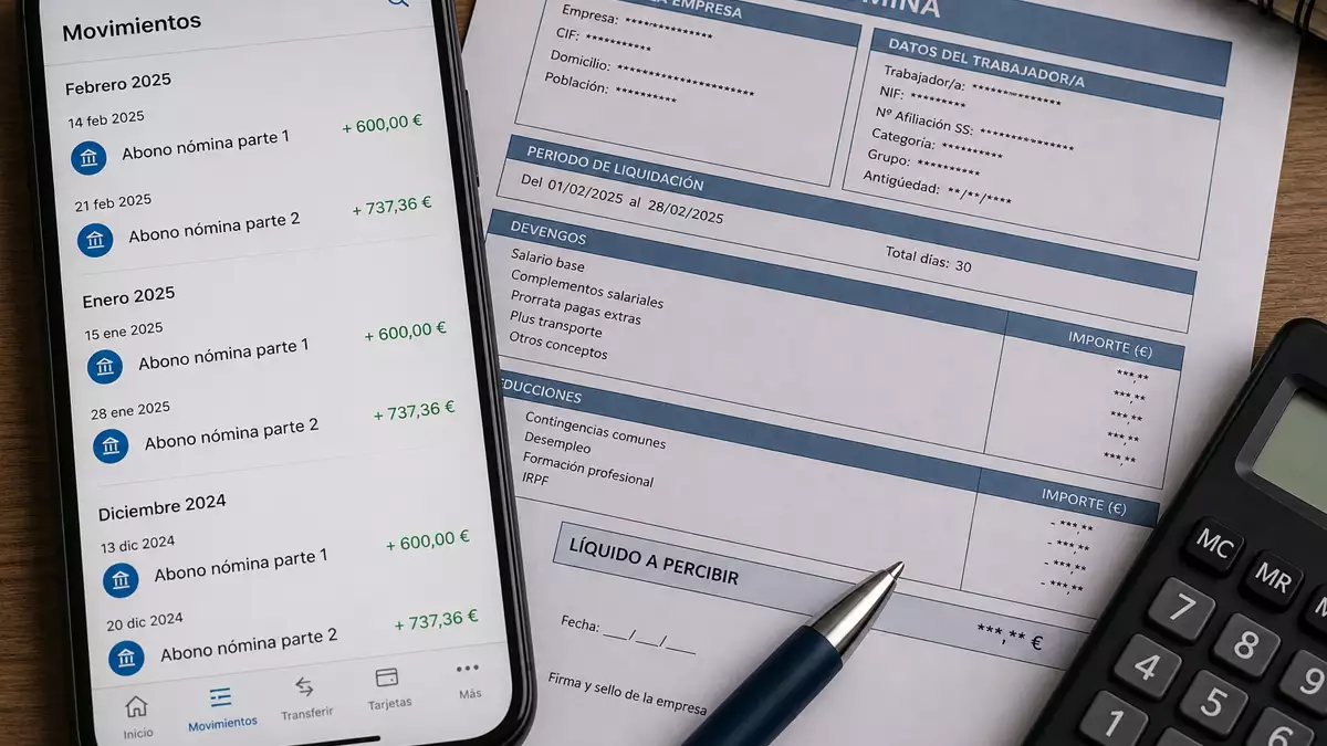 Phone displaying a banking app with recent transactions and positive amounts beside each entry, next to a payroll document and a calculator pen on a desk.