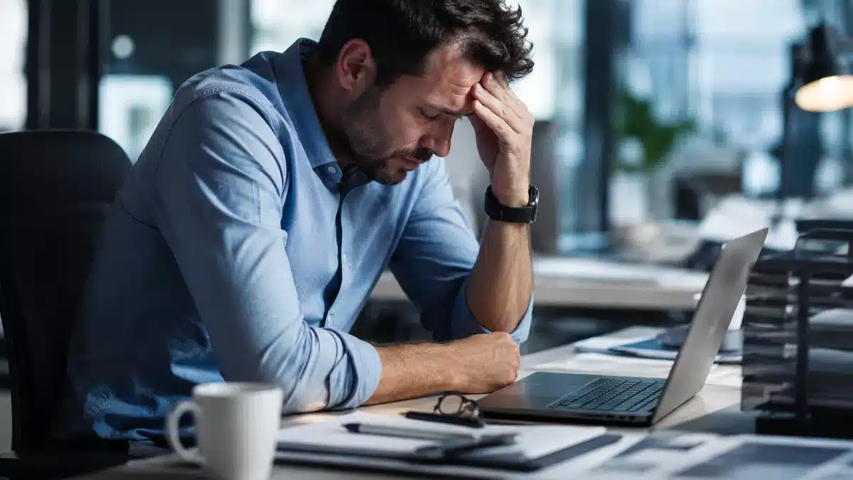 Man in a blue shirt at a cluttered desk, head in hand, looking stressed while working on a laptop.
