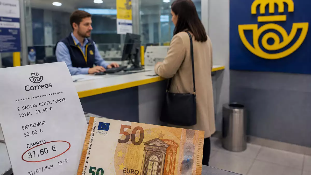 recreación del trabajador atendiendo a una clienta de Correos