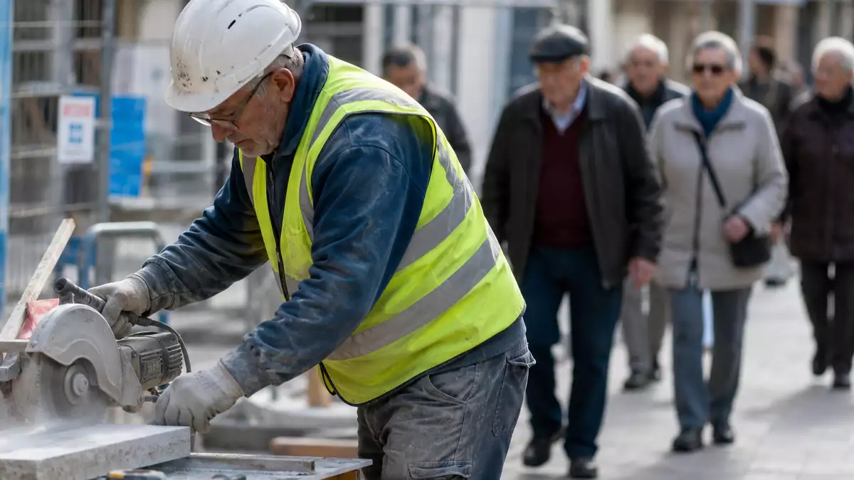 Construction worker wearing a helmet and high‑visibility vest cuts a stone slab with a power saw; onlookers stand behind.